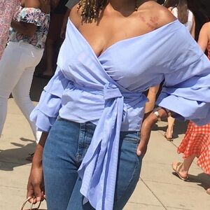 PrettyLittleThing Powder Blue Off-Shoulder Wrap Blouse with Tie Waist